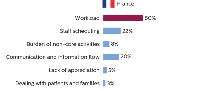 Bar charts showing that imaging staff in France consider workload to be the primary cause of work stress