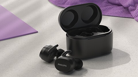 True wireless headphones with charging case